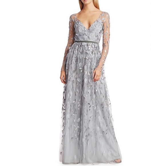 Marchesa Notte Metallic Leaf Long Sheer Sleeve Gown